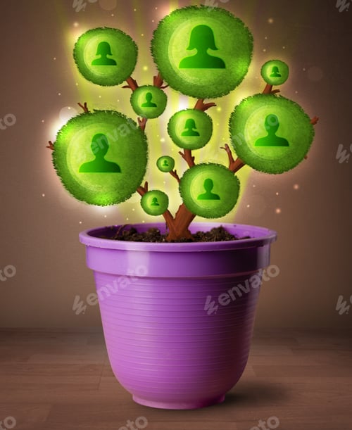 Preview: Shining Social Network Tree Coming Out Of Flowerpot