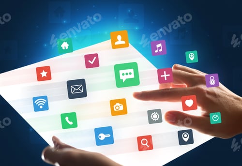 Preview: Young Female Hand Holding A Tablet With Colorful Mixed Media Icons