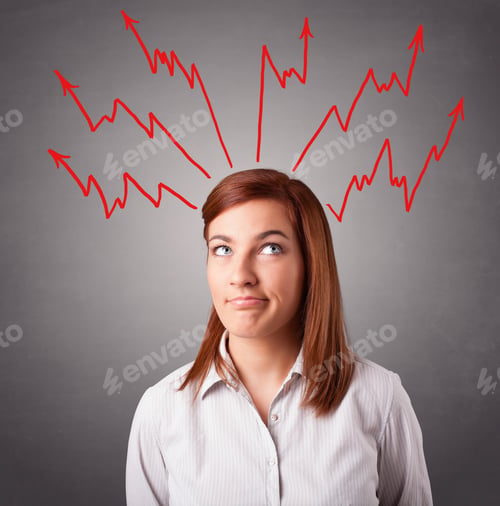Preview: Young Woman Standing And Thinking With Arrows Overhead