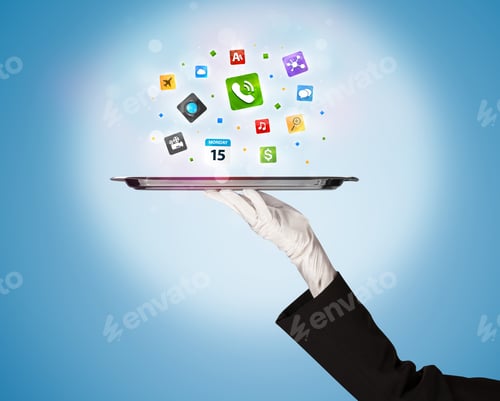 Preview: A Stylish Waiter Hand With White Gloves Holding A Silver Plate Full Of Social Media Communication