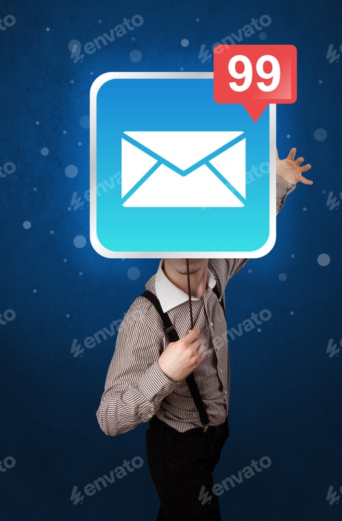 Preview: Casual Businessman Holding Square Sign With Unread Mail Icon