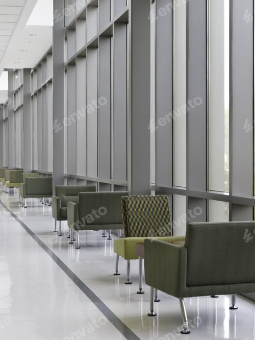 Preview: Chairs In Pairs By Windows Along "Lounge Lane" Of Hallway At Community College