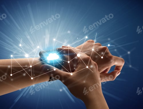 Preview: Close Up Female Hand With Smartwatch And With Cloudy And Connection Icons Around