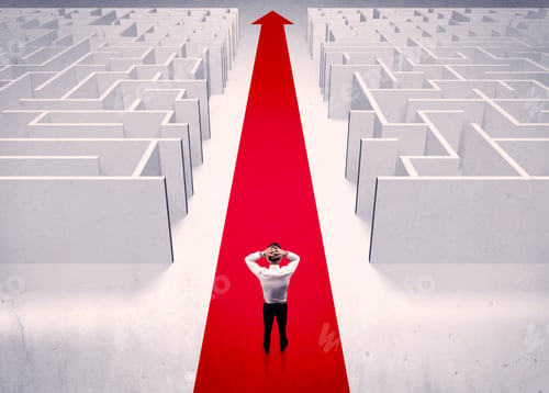 Preview: An Adult Elegant Businessman Standing On A Red Carpet Arrow Pointing Ahead Through A Street With