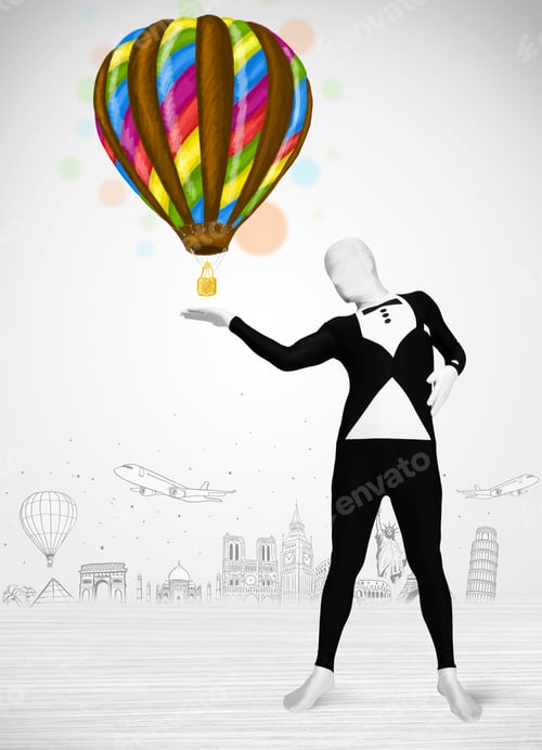 Preview: Funny Man In Full Body Suit Holding Colorful Balloon, Tourist Attractions In Background
