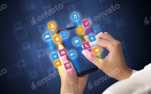 Preview: Female Hand Using Smartphone With Colorful Angular Fast Switching Application Icons Around