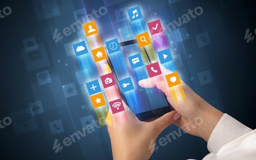 Preview: Female Hand Using Smartphone With Colorful Angular Fast Switching Application Icons Around