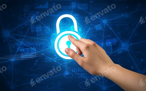 Preview: Female Hand Touching Blue Lock With Charts And Graphs In The Background