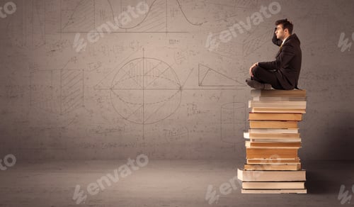 Preview: A Serious Businessman In Suit Sitting On A Pile Of Giant Books In Front Of A Greyish Brown Wall