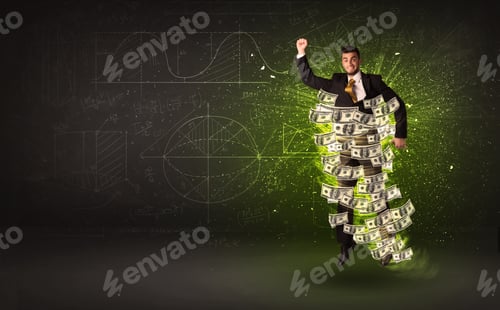 Preview: Cheerful Businesman Jumping With Dollar Banknotes Around Him On Background