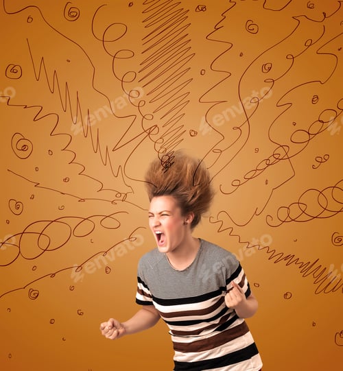 Preview: Excited Young Woman With Extreme Hairtsyle And Hand Drawn Lines Concept On Background