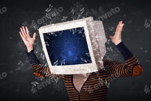 Preview: Computer Monitor Screen Exploding On A Young Persons Head Concept