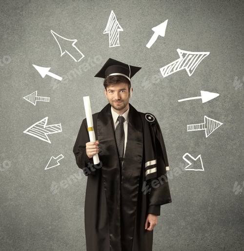 Preview: Young Graduate Student With Hand Drawn Arrows On Wall