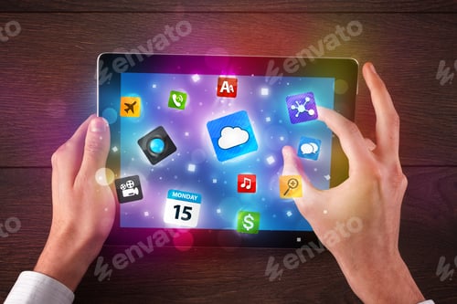 Preview: Caucasian Business Hands Holding And Working On Tablet
