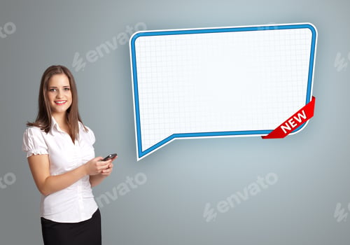 Preview: Beautiful Young Woman Holding A Phone And Presenting Modern Speech Bubble Copy Space