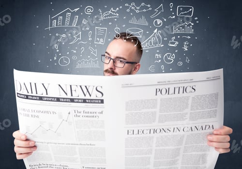 Preview: Young Smart Businessman Reading Daily Newspaper With Business Plan Graphics Above His Head