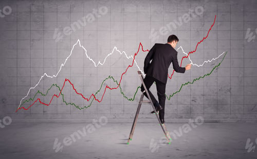 Preview: A Guy In Modern Suit Standing On A Small Ladder And Drawing A Chart On Grey Wall Background With