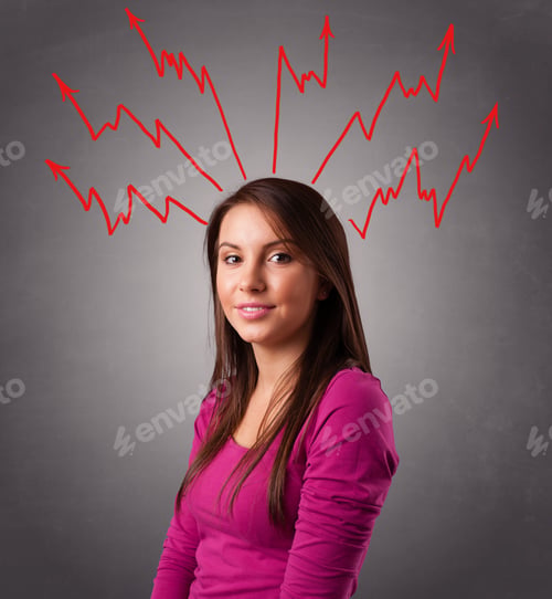 Preview: Young Woman Standing And Thinking With Arrows Overhead