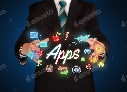 Preview: Businessman With Drawn Application Icons And Symbols In His Hands