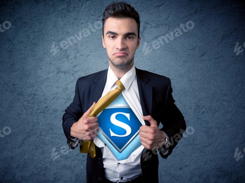 Preview: Businessman Ripping Off His Shirt With Superhero Sign On His Chest Concept On Background