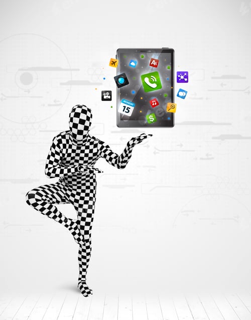 Preview: Funny Man In Full Body Suit Holdig Tablet Pc, New Technology Concept