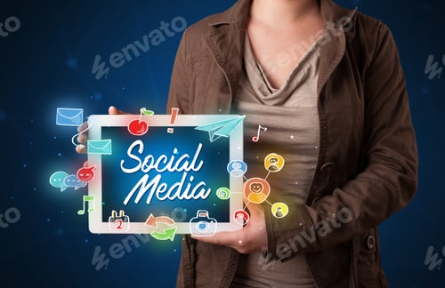 Preview: Casual Young Woman Holding Tablet With Social Media Icons