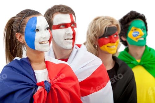 Preview: Patriotic Group Of People From Different Countries And Flags Painted On Their Faces - Isolated