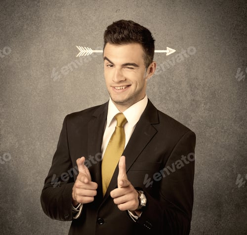 Preview: A Confused Young Business Guy Giving Thumbs Up With A Drawn Arrow Going Through His Head Concept