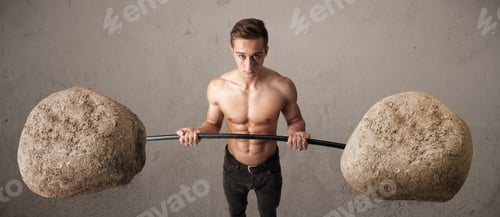 Preview: Strong Muscular Man Lifting Large Rock Stone Weights