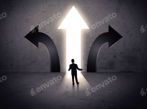 Preview: A Businessman In Doubt, Having To Choose Between Three Different Choices Indicated By Arrows