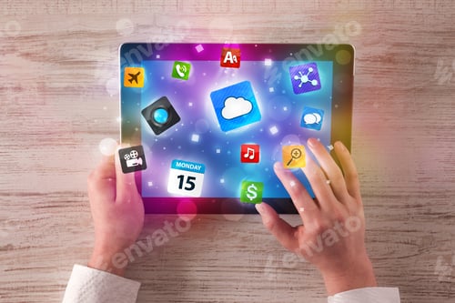 Preview: Caucasian Business Hands Holding And Working On Tablet