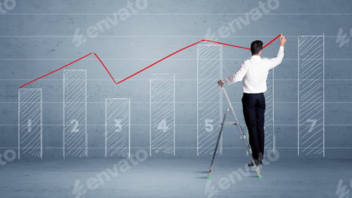 Preview: A Man In Elegant Suit Standing On A Small Ladder And Drawing A Chart On Blue Wall Background With