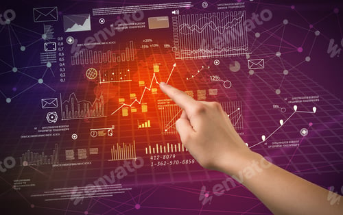 Preview: Female Hand Touching Charts And Graphs On A Red And Purple Background