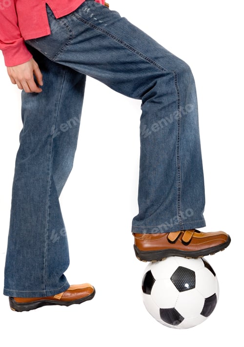 Preview: Casual Guy Stepping Onto A Soccer Ball Over White