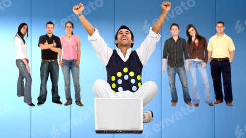 Preview: Casual Man Enjoying His Online Success And People Behind