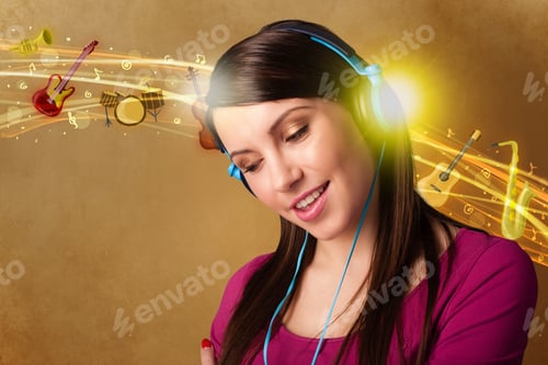 Preview: Pretty Young Woman With Headphones Listening To Music, Instruments Concept