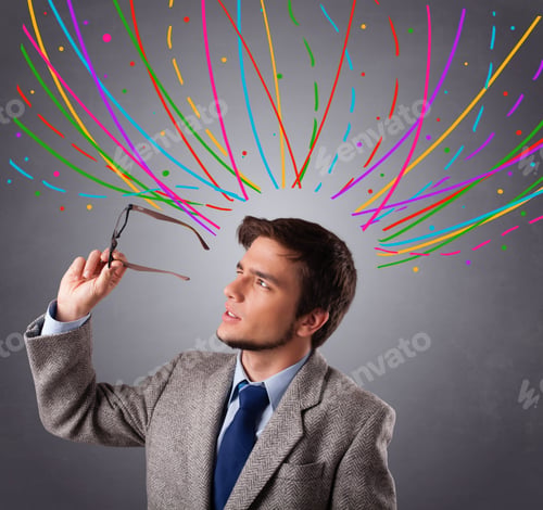 Preview: Young Man Standing And Thinking Wiht Colorful Abstract Lines Overhead