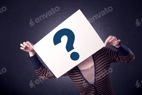 Preview: Young Casual Woman Hiding Behind A Question Mark Drawn On Paper