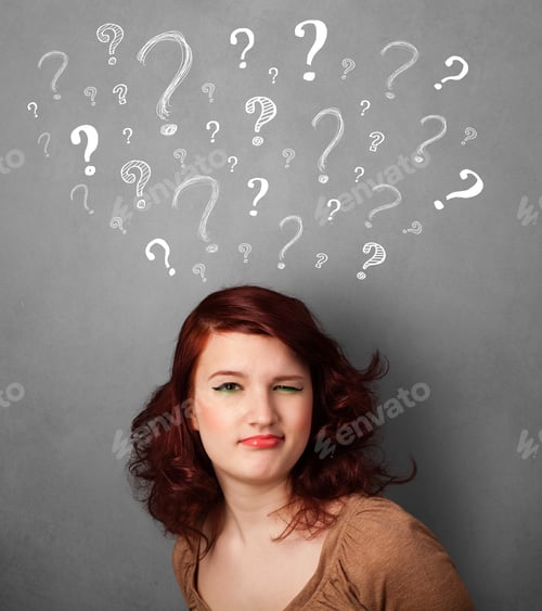 Preview: Pretty Young Woman Thinking With Sketched Question Marks All Over Her Head