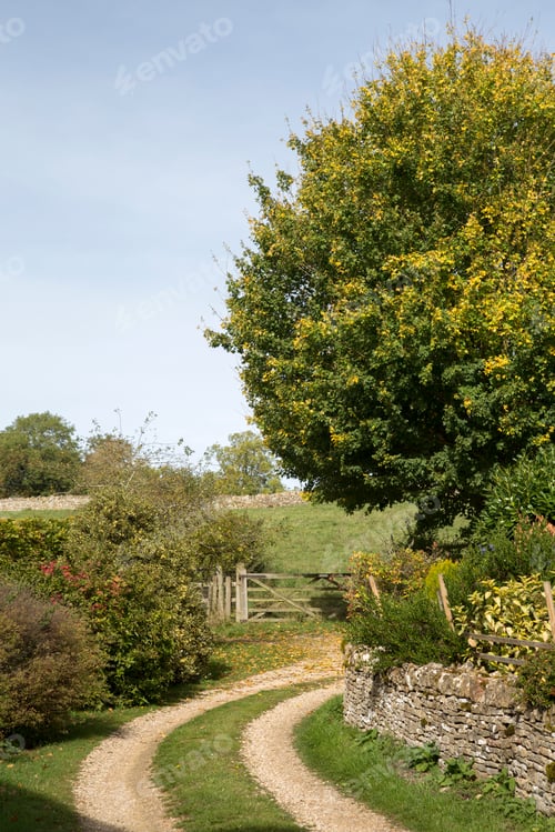 Preview: Country Track In Upper Slaughter; Cotswold Village; Cheltenham; England; Uk