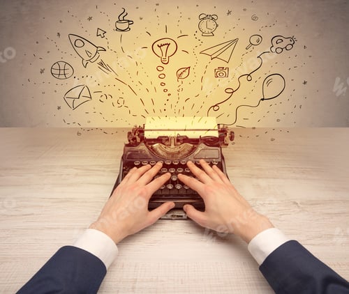 Preview: Typewriter With Doodles, Idea, Message, Plane, Car Balloon Social Media Concept