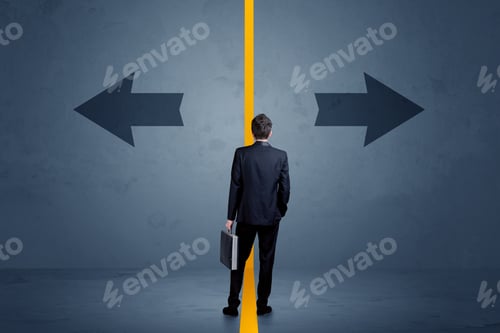 Preview: Business Person Choosing Between Two Options Separated By A Yellow Border Arrow Concept