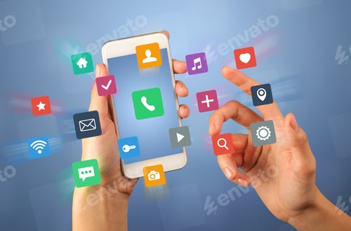Preview: Female Fingers Touching Smartphone With Colorful Applications