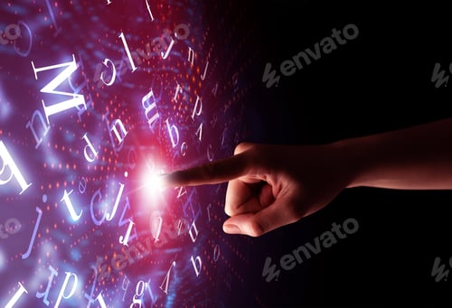 Preview: Female Finger Touching A Beam Of Light Surrounded By A Pink Background With Alphabet Letters