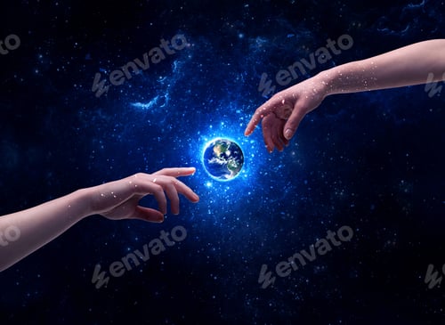 Visualização: Mãos masculinas de Deus prestes a tocar o globo terrestre na galáxia com estrelas brilhantes e azuis