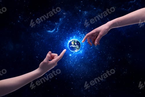 Preview: Male God Hands About To Touch The Earth Globe In The Galaxy With Bright Shining Stars And Blue