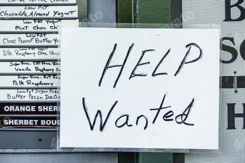 Preview: Laminated Handwritten "Help Wanted" Sign In Window Of Ice Cream And Yogurt Shop In Tourist Town