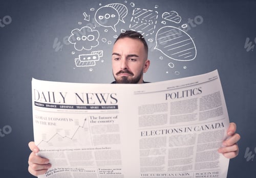 Preview: Puzzled Young Businessman Reading Daily Newspaper With Speech Bubbles Above His Head