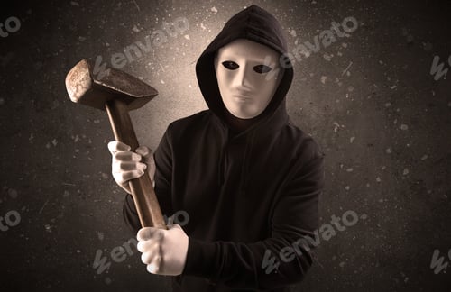 Preview: Masked Armed Villain In Empty Dark Room With Gun Ax Chainsaw Mallet Wrench