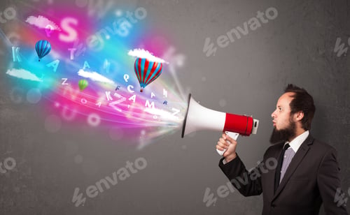 Preview: Handsome Man Shouting Into Megaphone And Abstract Text And Balloons Come Out